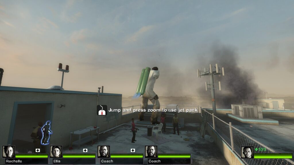 survivor wearing oxygen tanks as a jetpack