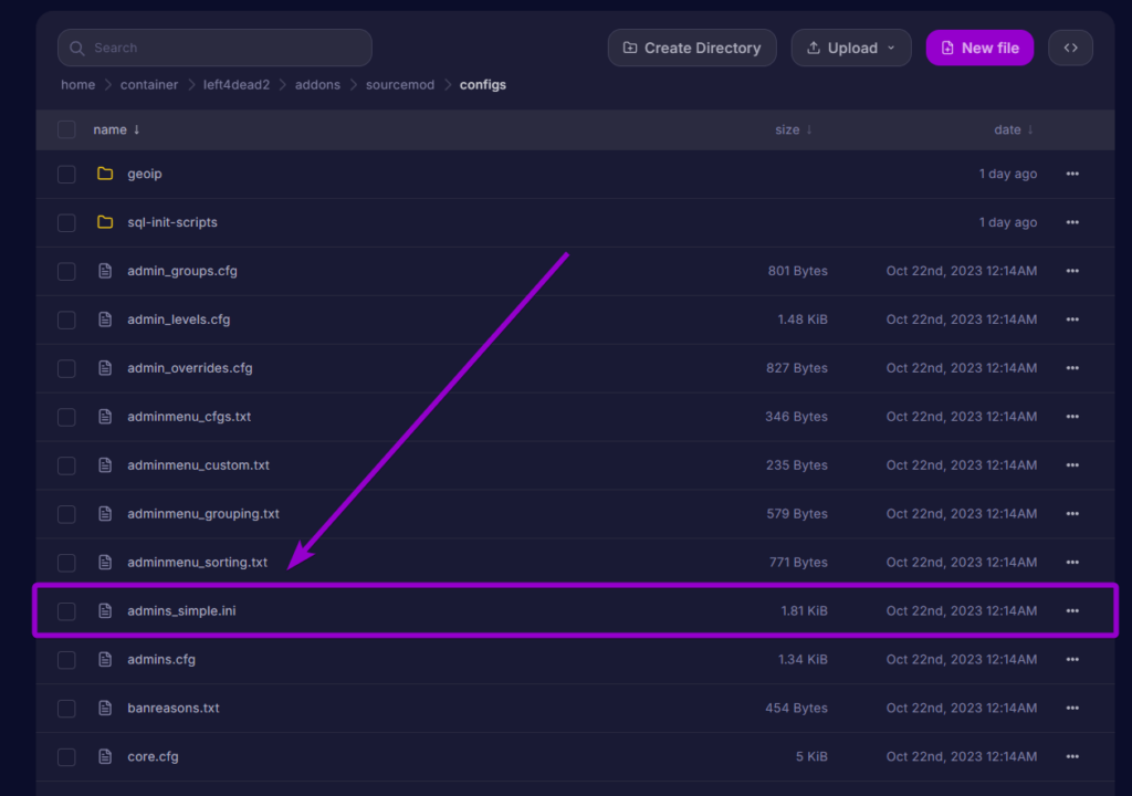 Opening the admins_simple.ini file