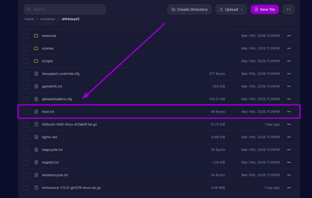 Locating the host.txt file in the root left4dead2 directory