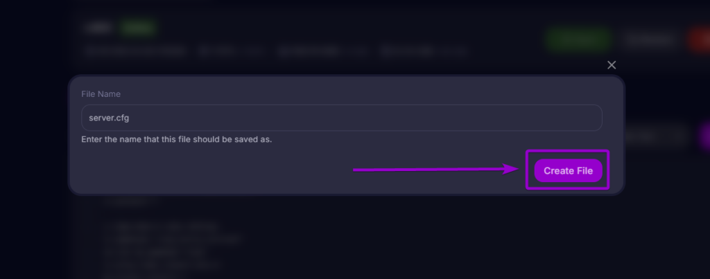 Naming the newly created configuration file server.cfg in the Cybrancee dashboard