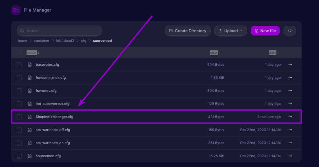 Locating the generated SimpleAfkManager.cfg file inside the sourcemod config folder