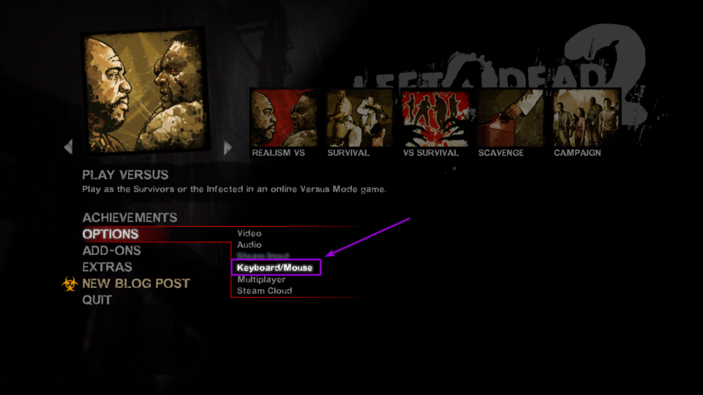 Clicking the Keyboard/Mouse settings in the Left 4 Dead 2 options menu