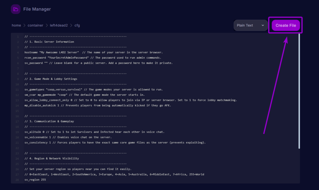 Pasting the Left 4 Dead 2 server configuration template and saving the plain text file