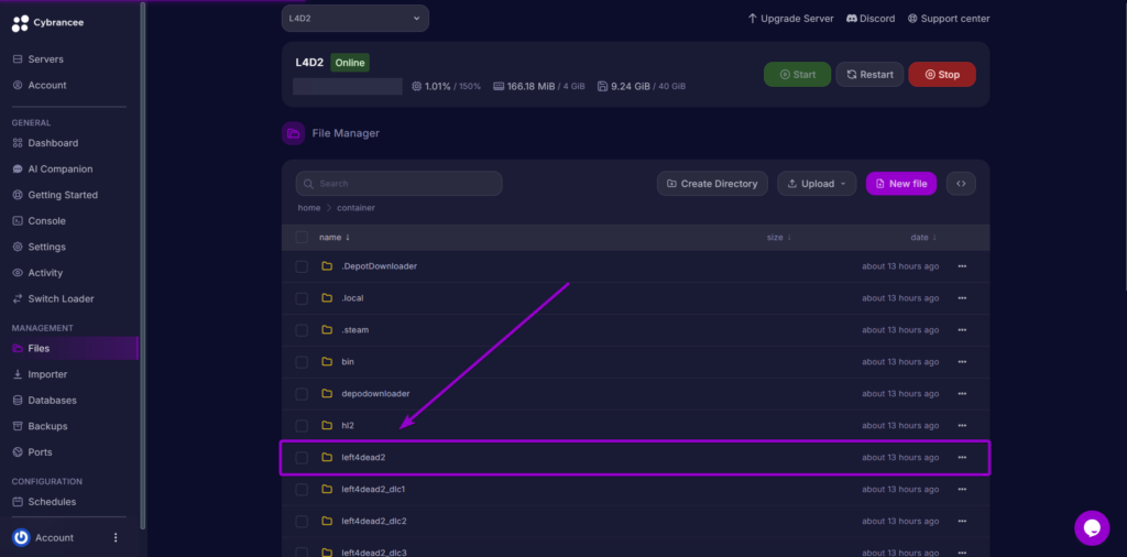 Navigating to the left4dead2 root folder in the Cybrancee server file manager