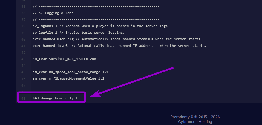 Editing the server.cfg file in the to include the l4d_damage_head_only 1 command