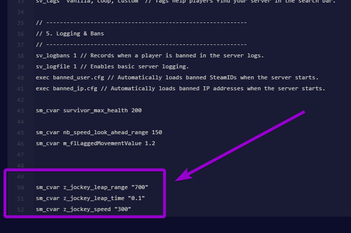 Editing the server.cfg file in the web dashboard to include sm_cvar commands for the Jockey's leap range, time, and speed