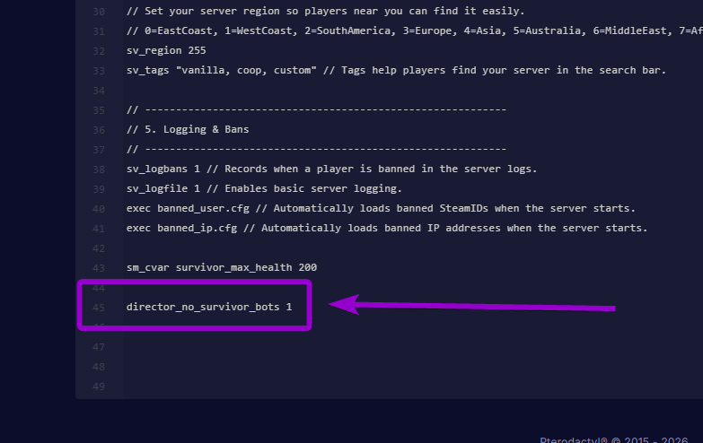 Editing the server.cfg file in the web dashboard to include the director_no_survivor_bots 1 command