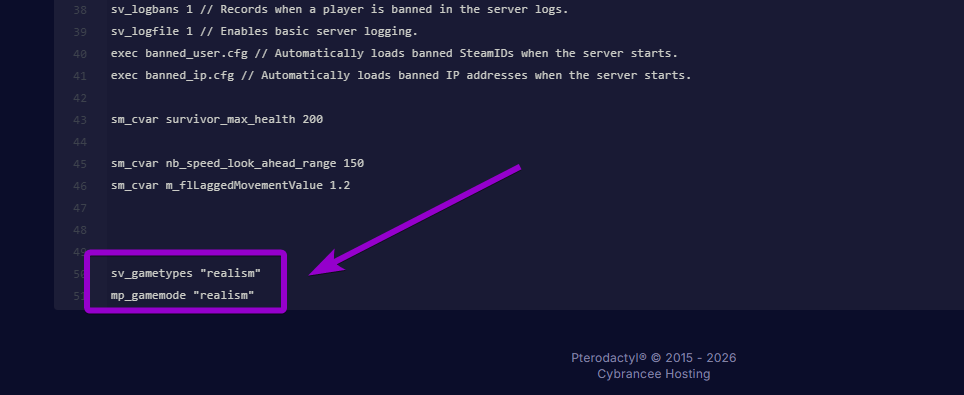 Editing the server.cfg file in the web dashboard to include sv_gametypes and mp_gamemode set to realism