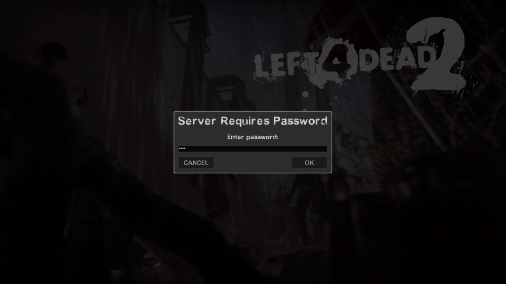 The Left 4 Dead 2 Server Requires Password pop-up screen in-game
