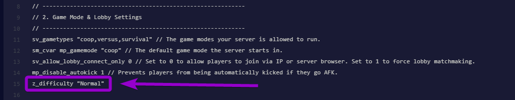 Highlighting the z_difficulty command inside the Left 4 Dead 2 server.cfg file to change the default game difficulty