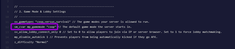 Highlighting the mp_gamemode command in the server.cfg file to change the default game mode on a Left 4 Dead 2 server