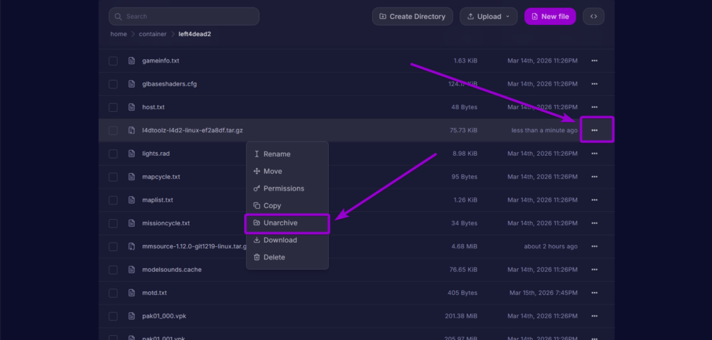 Using the file manager to unarchive the L4DToolZ extension files