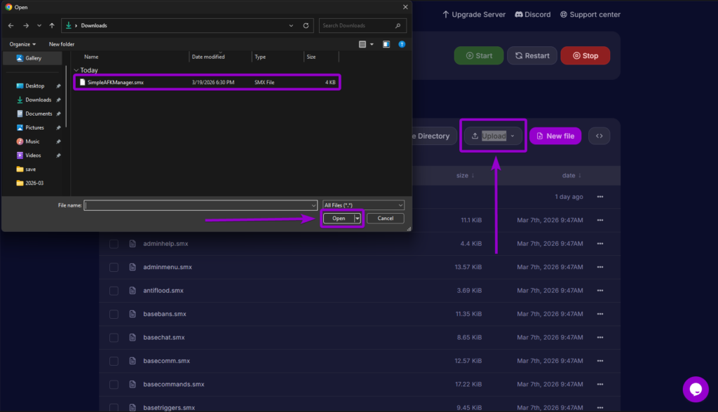 Uploading the SimpleAFKManager.smx plugin file to the sourcemod plugins directory