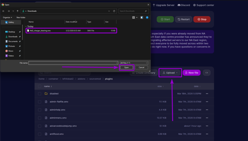 Uploading the l4d2_charger_steering.smx file to the sourcemod plugins directory