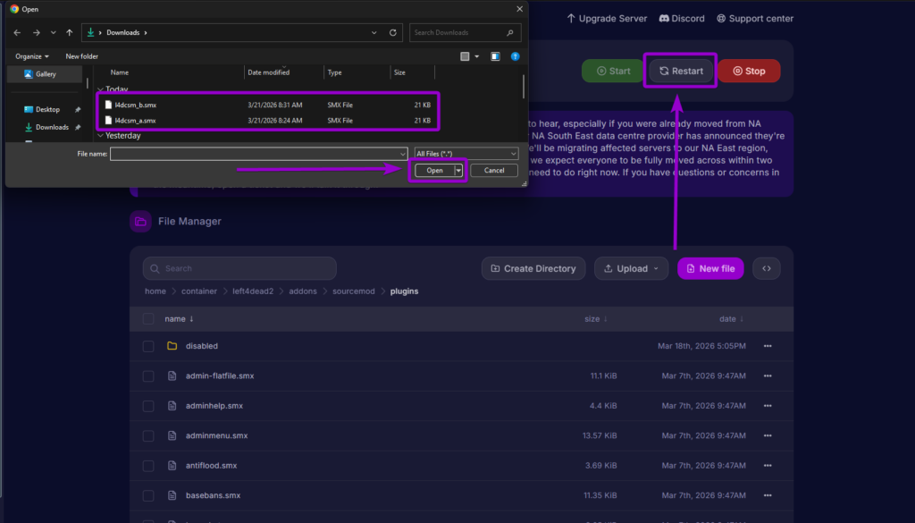 Uploading both CSM .smx files to the sourcemod plugins folder and restarting the server