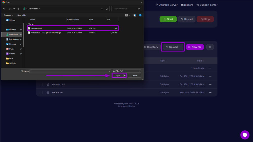 Uploading the custom metamod.vdf file into the server's addons folder