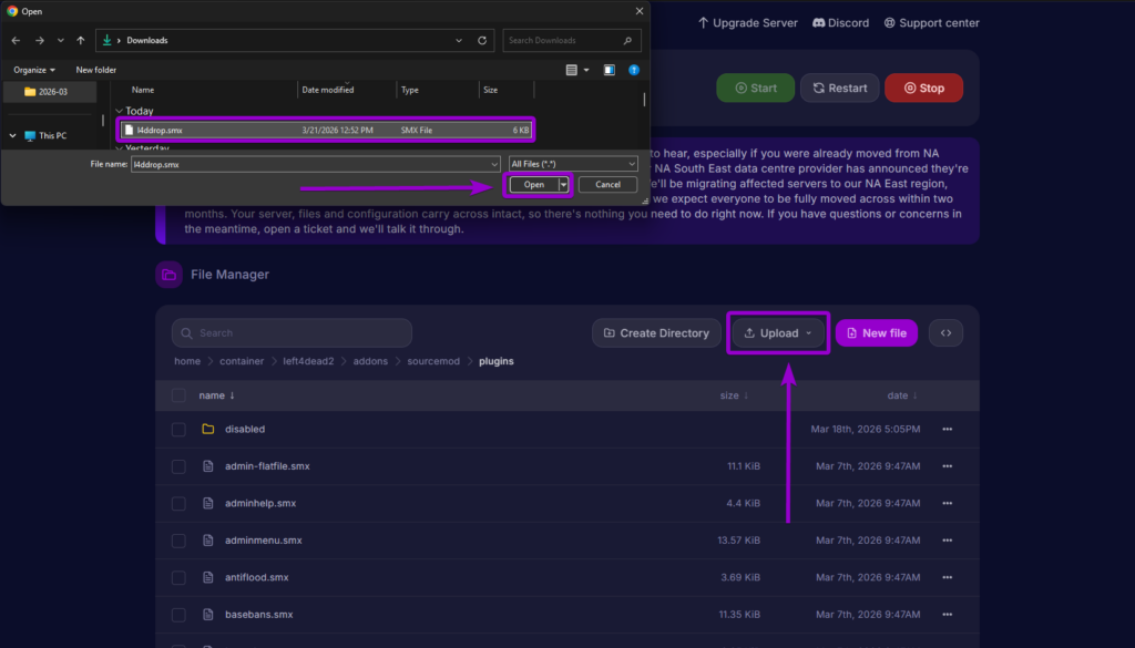 Uploading the l4ddrop.smx file to the sourcemod plugins directory