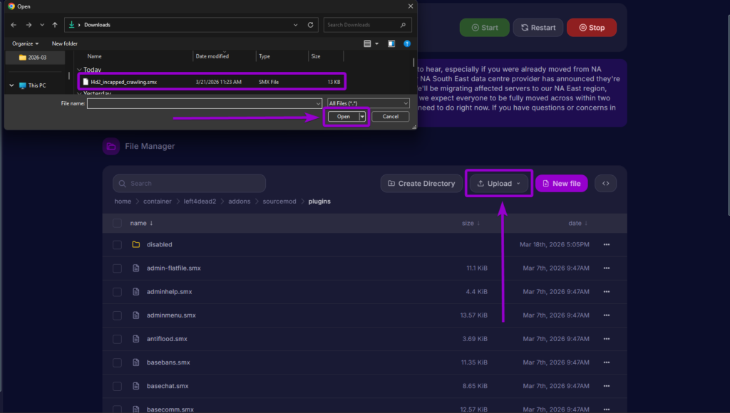 Uploading the incapped crawling .smx file into the sourcemod plugins folder