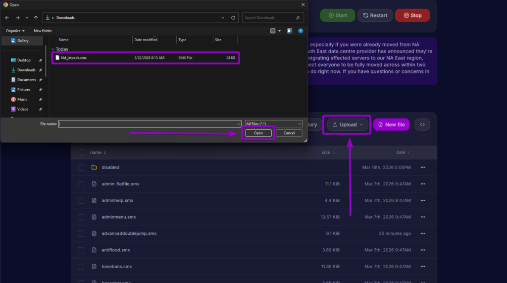 Uploading the l4d_jetpack.smx file to the sourcemod plugins directory