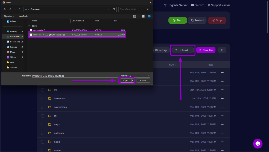 Uploading the MetaMod tar.gz archive file into the server