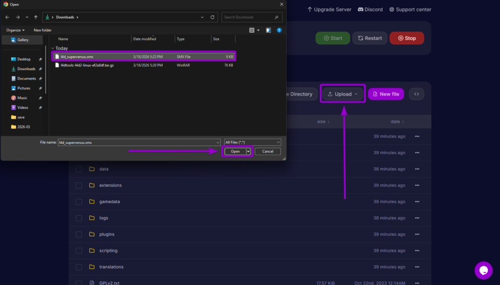 Uploading the superversus.smx plugin file to the server