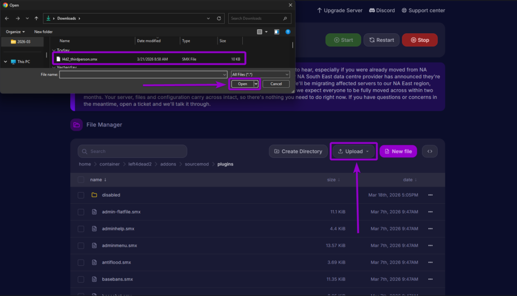 Uploading the l4d2_thirdperson.smx file to the sourcemod plugins folder