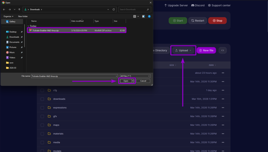Uploading the Tickrate Enabler zip archive file