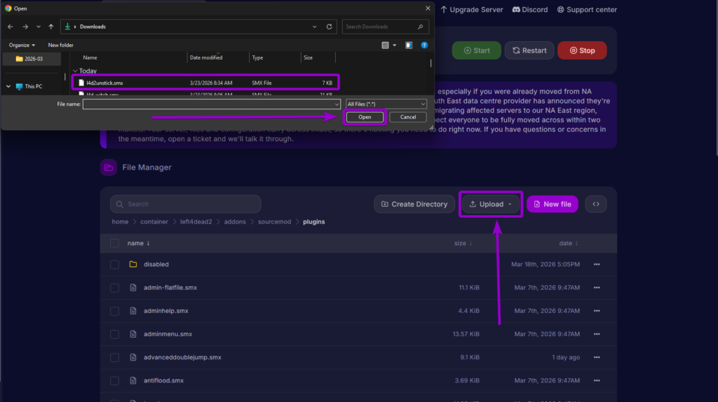 Uploading the l4d2unstick.smx file to the sourcemod plugins directory