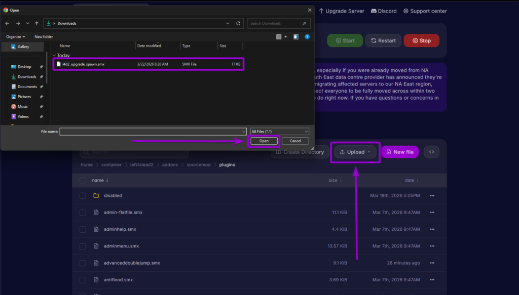 spawner-plugin.png	Uploading the l4d2_upgrade_spawn.smx file to the sourcemod plugins directory