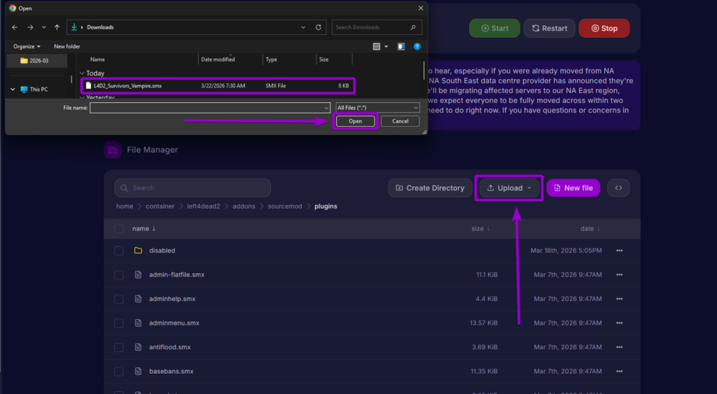 Uploading the L4D2_Survivors_Vampire.smx file to the sourcemod plugins directory