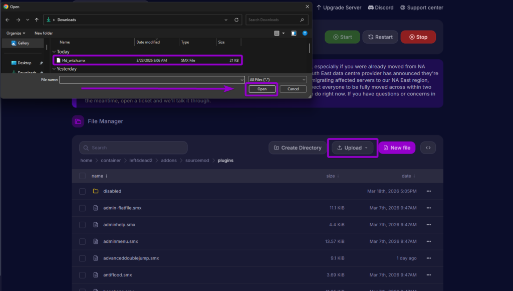 Uploading the l4d_witch.smx file to the sourcemod plugins directory