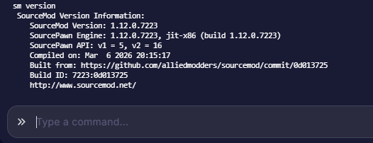 Typing sm version into the server console to verify the SourceMod installation was successful