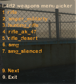 The in-game weapon menu showing options to select a rifle, sniper, smg, and more using number keys