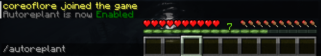 A player using the /autoreplant command in the chat to enable automatic crop farming