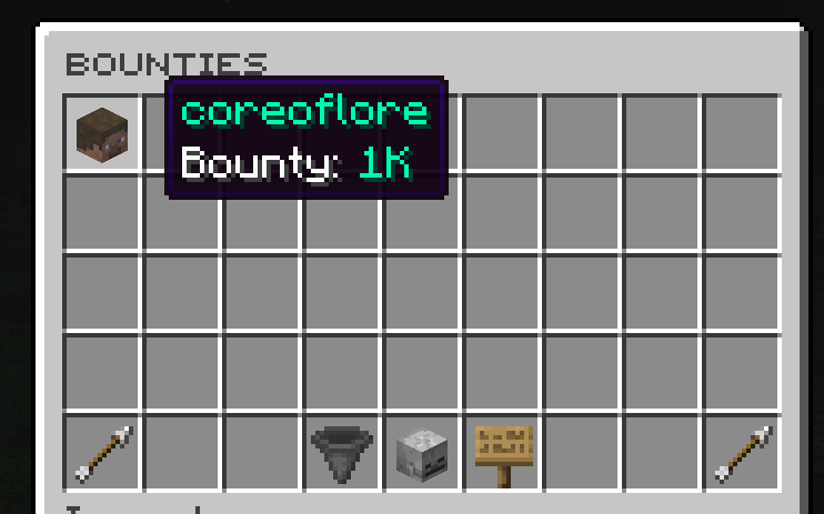 A player opening the BetterBounty GUI menu to view the list of wanted players and their reward amounts