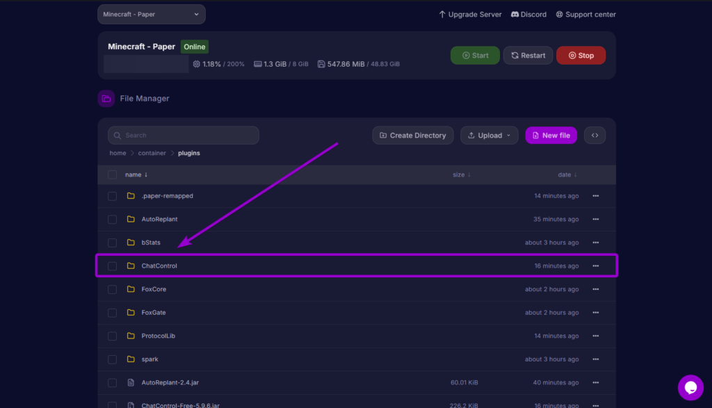 Navigating to the ChatControl folder inside the server's plugin directory