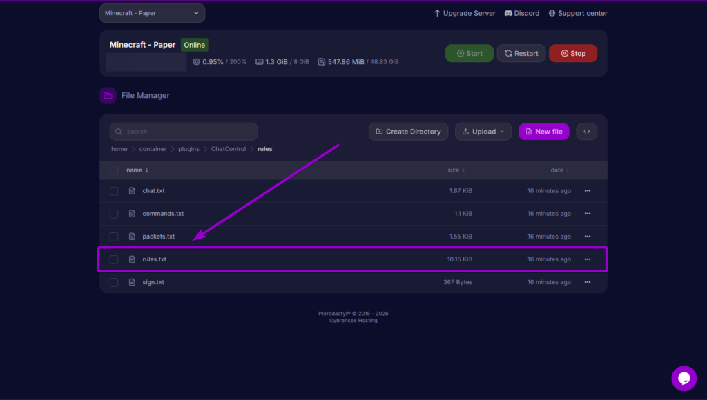 Locating the swear.txt file inside the ChatControl rules folder to edit chat filters