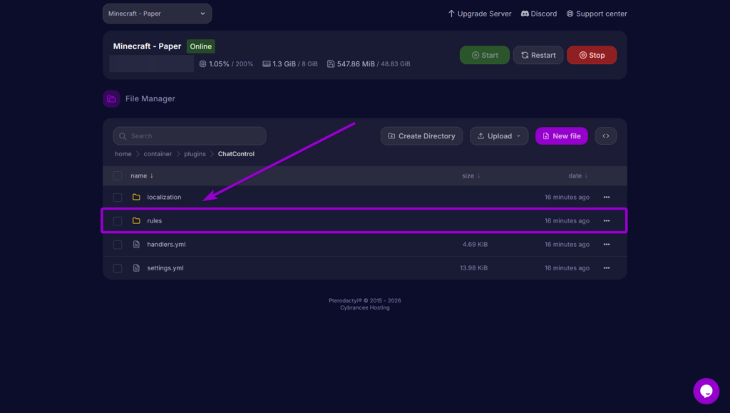 Opening the rules configuration folder inside the ChatControl plugin directory