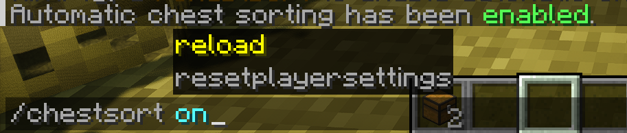 A player using the /chestsort on command in the game chat to enable automatic background chest sorting