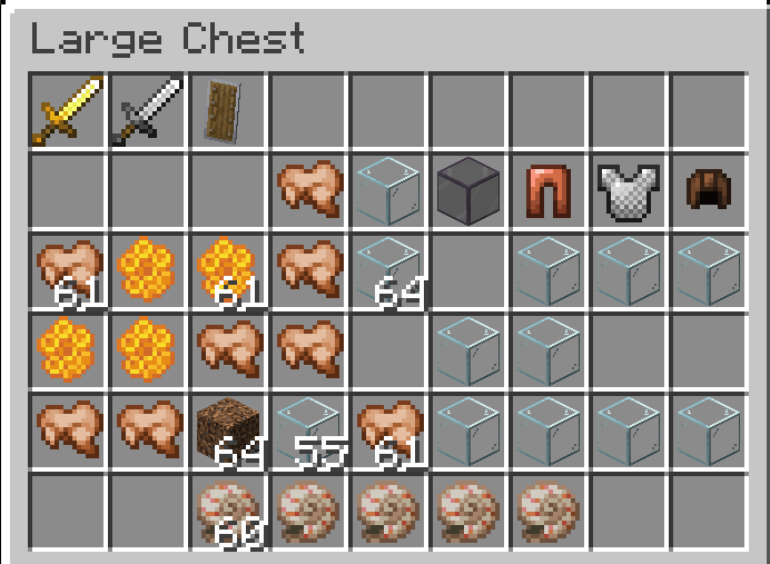 A disorganized Minecraft chest filled with scattered items before using the ChestSort plugin