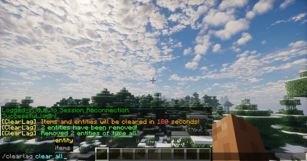 An admin typing the manual clear lag command in-game to instantly remove all dropped items and entities