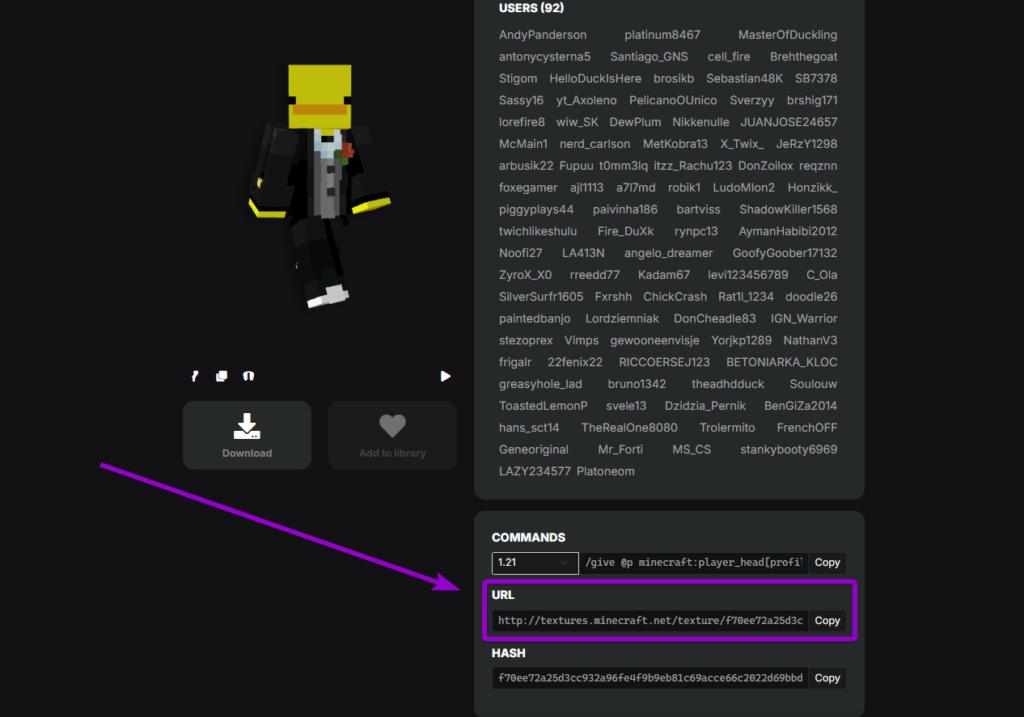 Copying a direct skin texture URL from a skin database website to use with the /skin url command