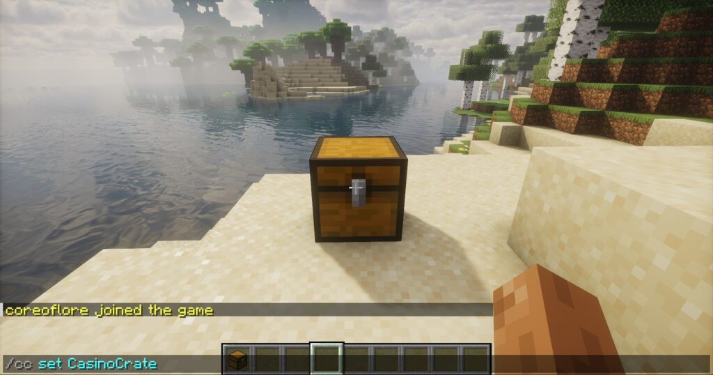 Typing the CrazyCrates set command in Minecraft while looking at a chest