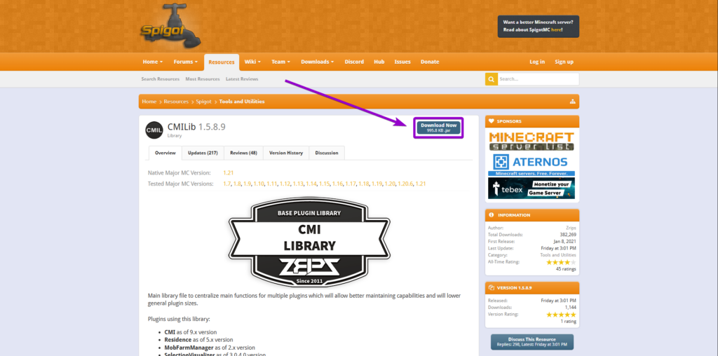Navigating to the official CMILib page on SpigotMC to download the plugin jar file