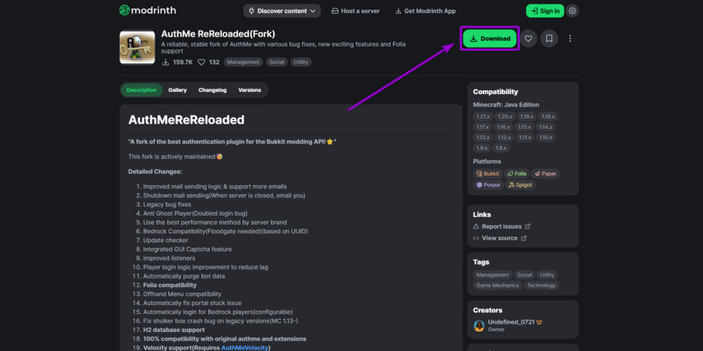 Downloading the AuthMe Reloaded fork plugin from the official Modrinth page