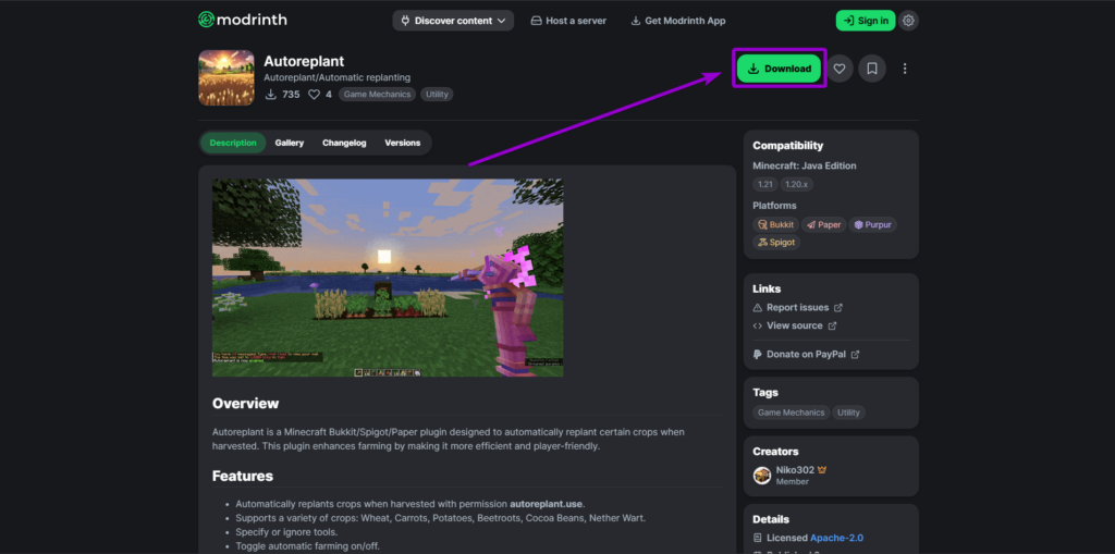 autoreplant-plugin.jpg	Locating and downloading the AutoReplant plugin from the official Modrinth resource page