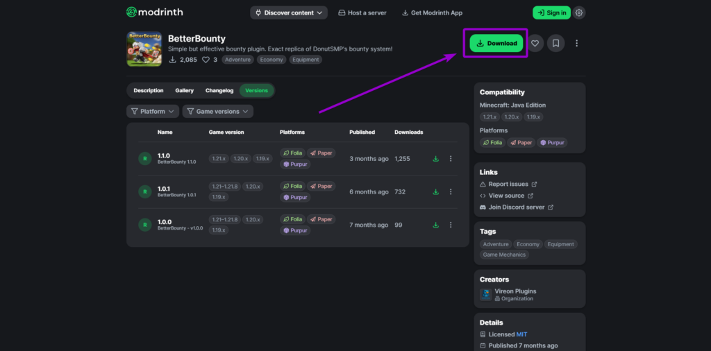 Locating and downloading the BetterBounty plugin from the official Modrinth resource page