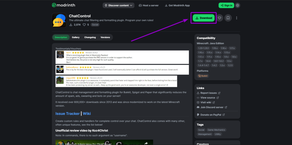 Locating and downloading the ChatControl plugin from the official Modrinth resource page