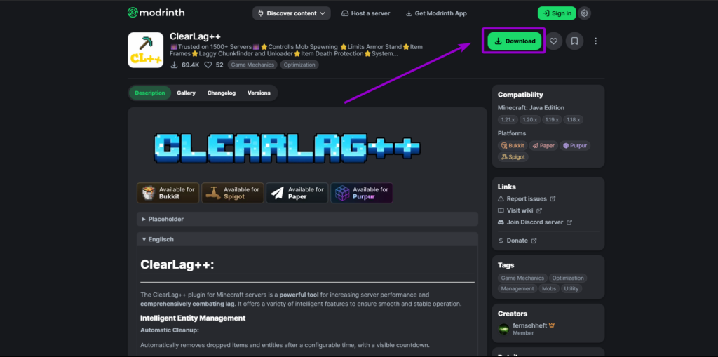 Locating and downloading the ClearLag++ plugin from the official Modrinth resource page