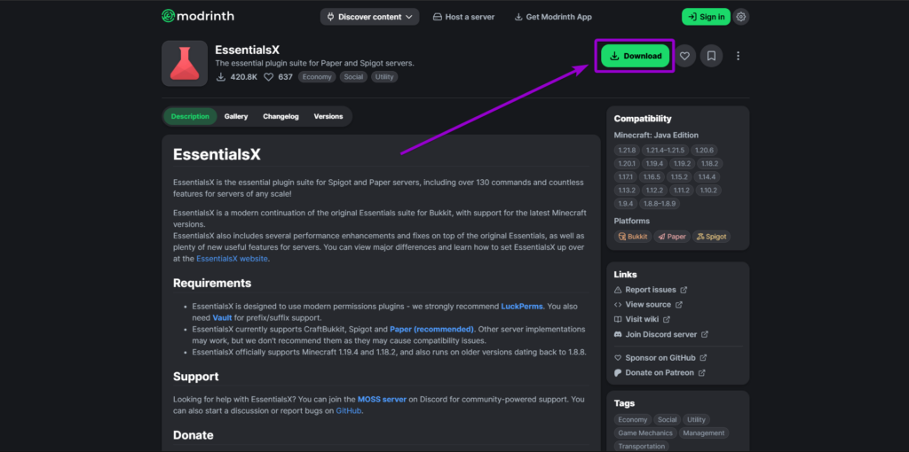 Locating and downloading the EssentialsX plugin from the official Modrinth resource page